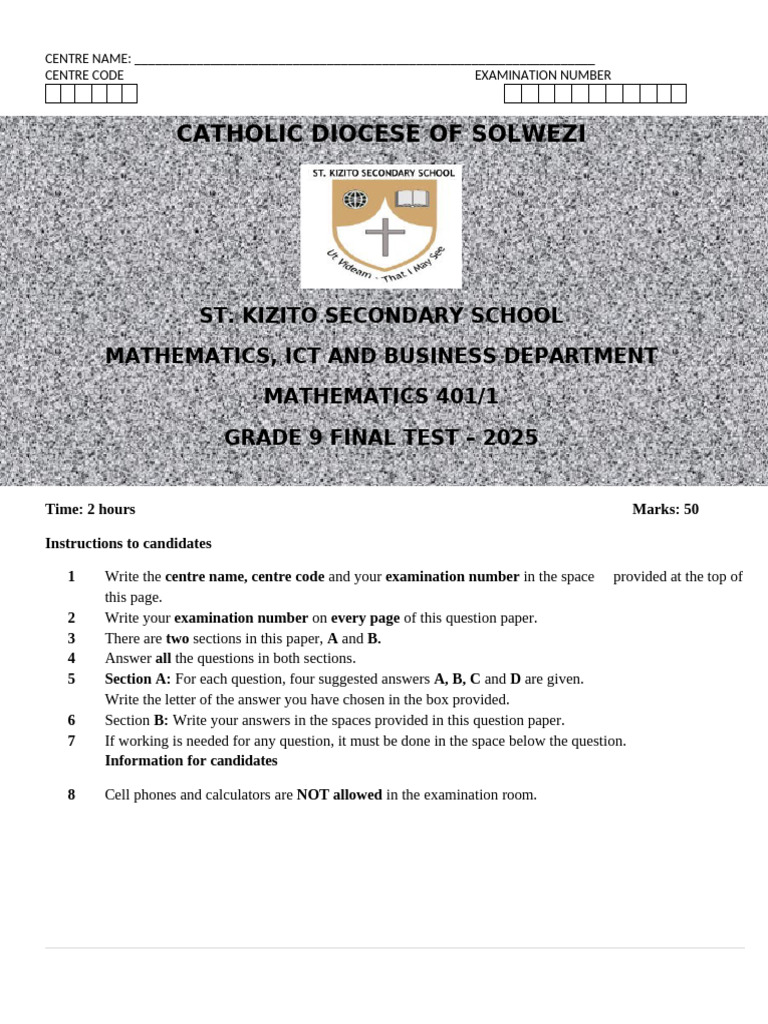 Grade 9 Mathematics Final Test 2025 | PDF | Elementary Geometry ...