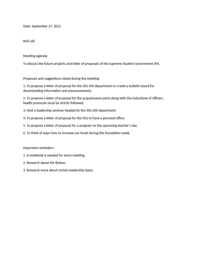 SSG JHS Meeting Proposals Summary | PDF