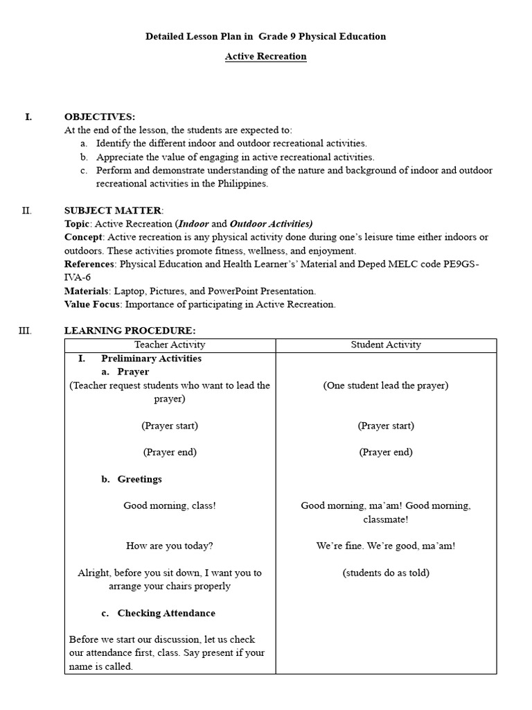 Grade 9 Active Recreation Lesson Plan | PDF | Lesson Plan | Recreation