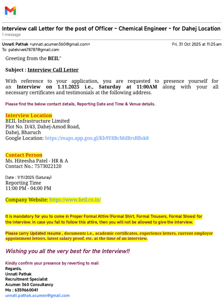 Gmail - Interview Call Letter For The Post of Officer - Chemical ...