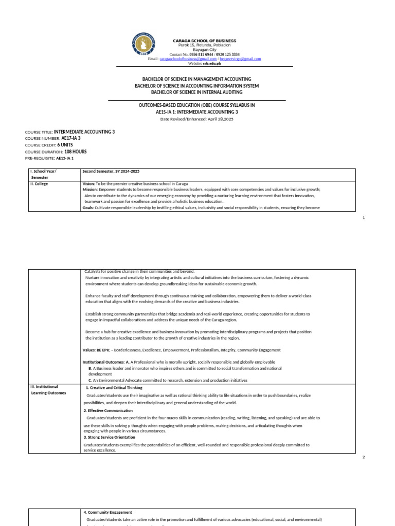 Intermediate Accounting 3 Course Syllabus | PDF | Thought | Accounting