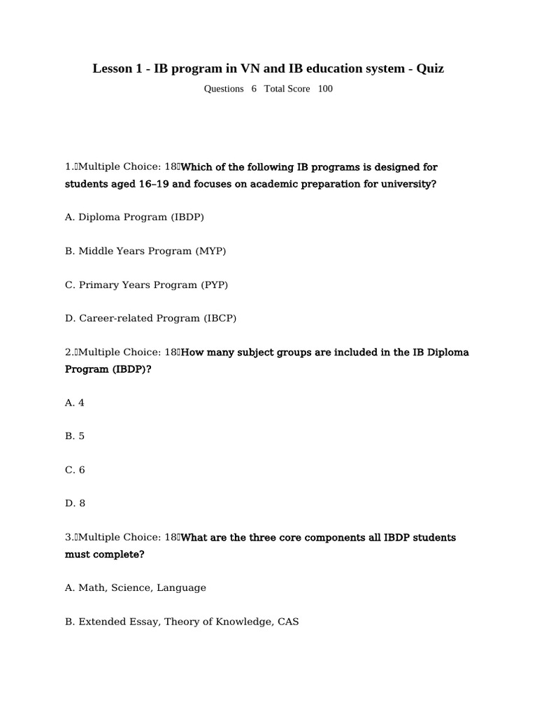 Lesson 1 - IB Program in VN and IB Education System - Quiz | PDF ...