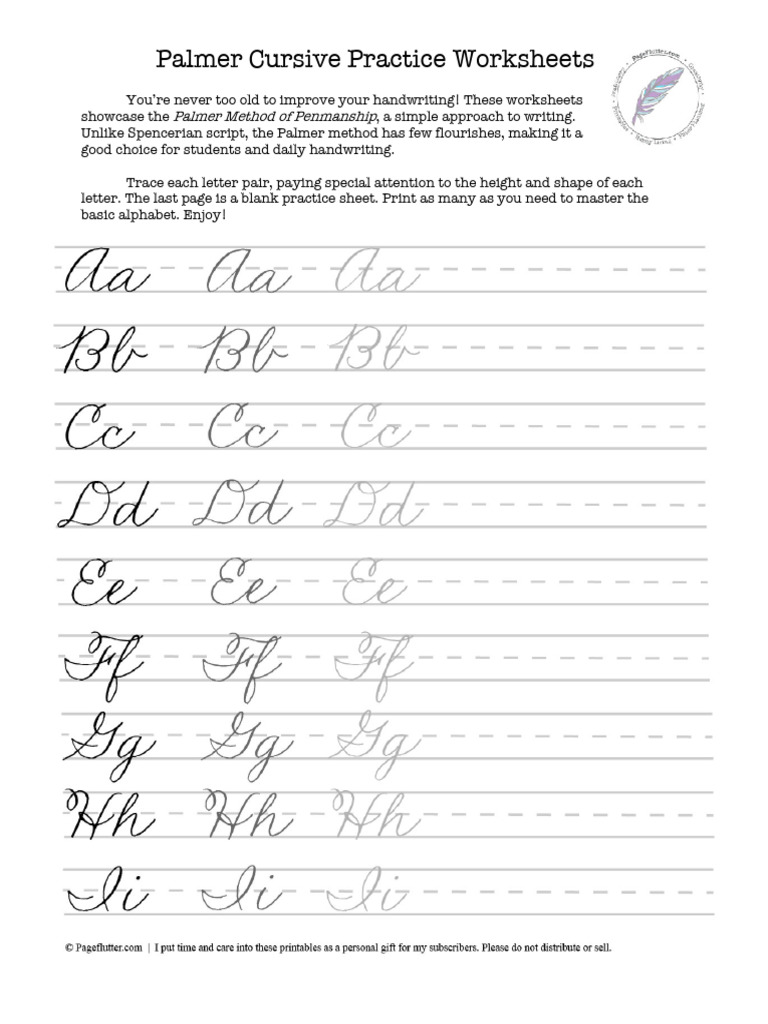 PF Palmer Cursive Handwriting Practice Sheets | PDF