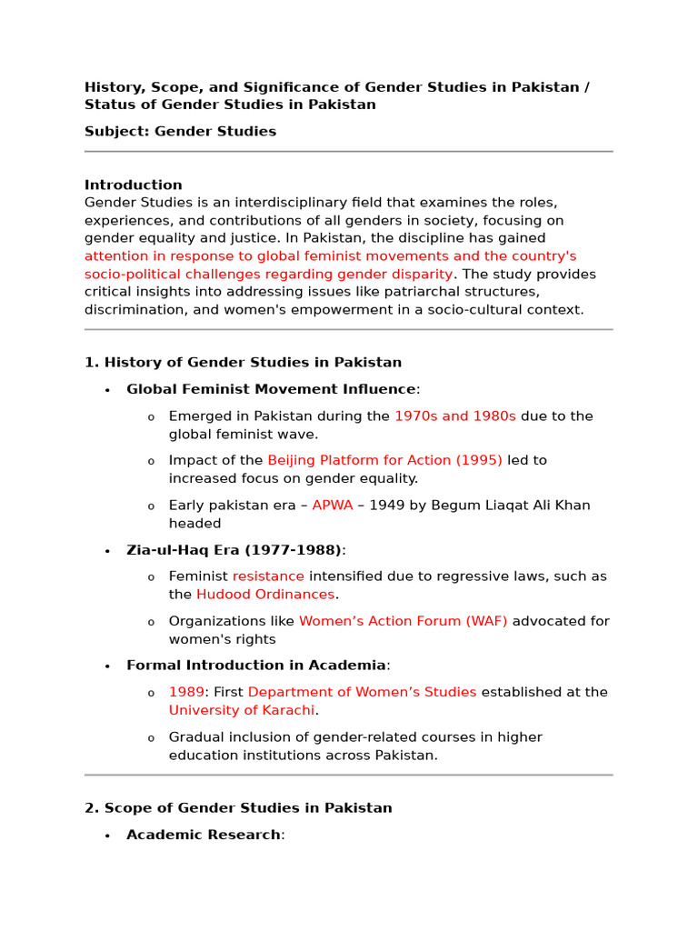 Gender Studies in Pakistan: History & Impact | PDF | Gender | Gender ...