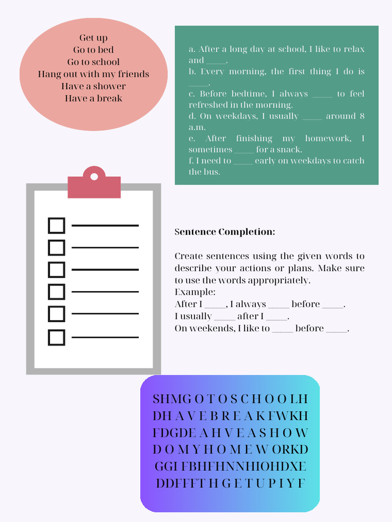 Daily Routine Sentence Completion Guide | PDF | Sleep | Animal Physiology