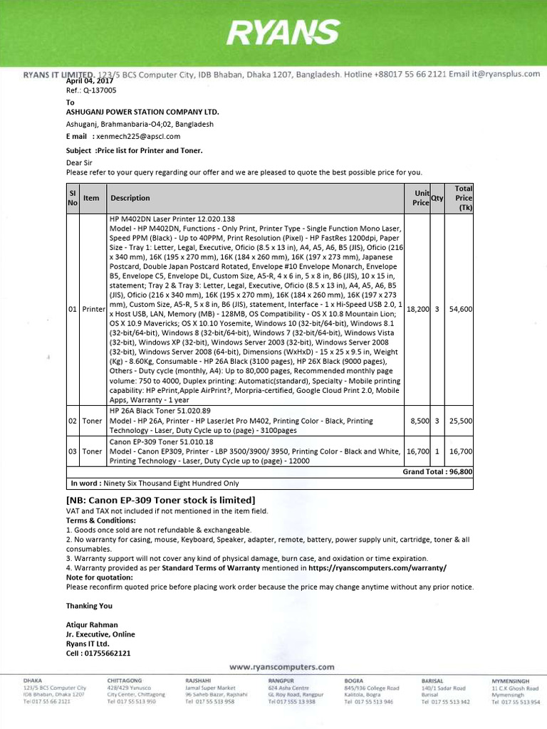 Client - Quotation (Q 137005) 04-04-2017 Ashuganj Power | PDF | Printer ...