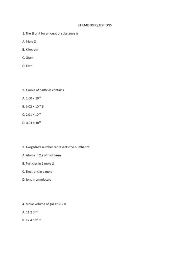 Chemistry Quiz Questions and Answers | PDF | Chemical Bond | Mole (Unit)