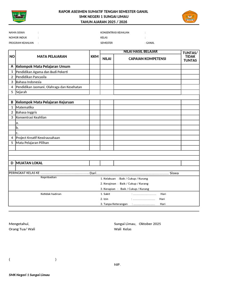 Rapor Penilaian Tengah Semester SMK 2025 | PDF