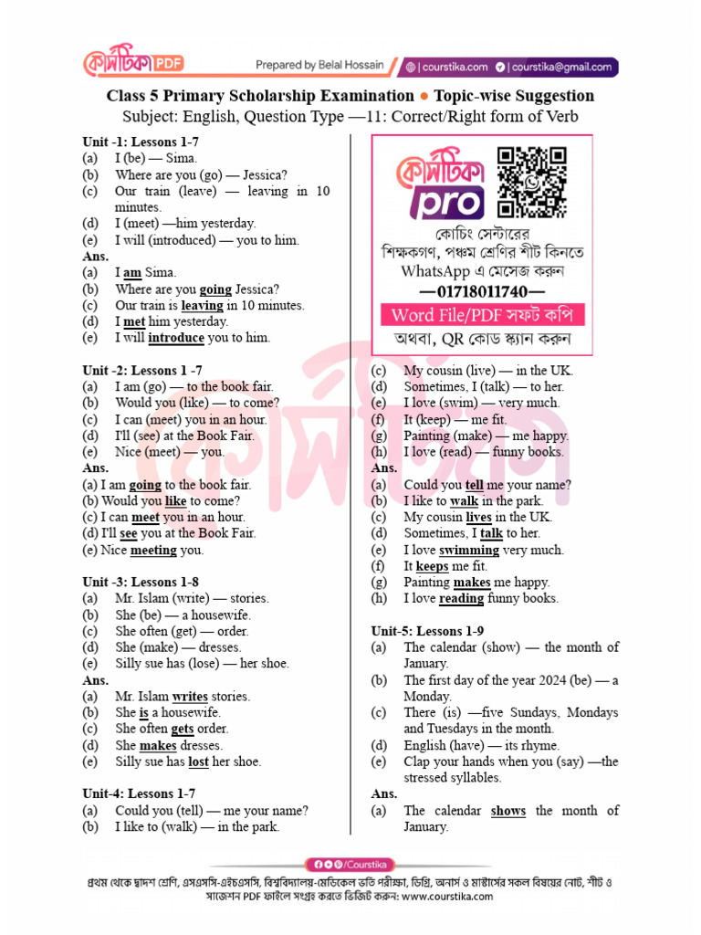 Class 5 English Verb Form Exercises | PDF | Foods