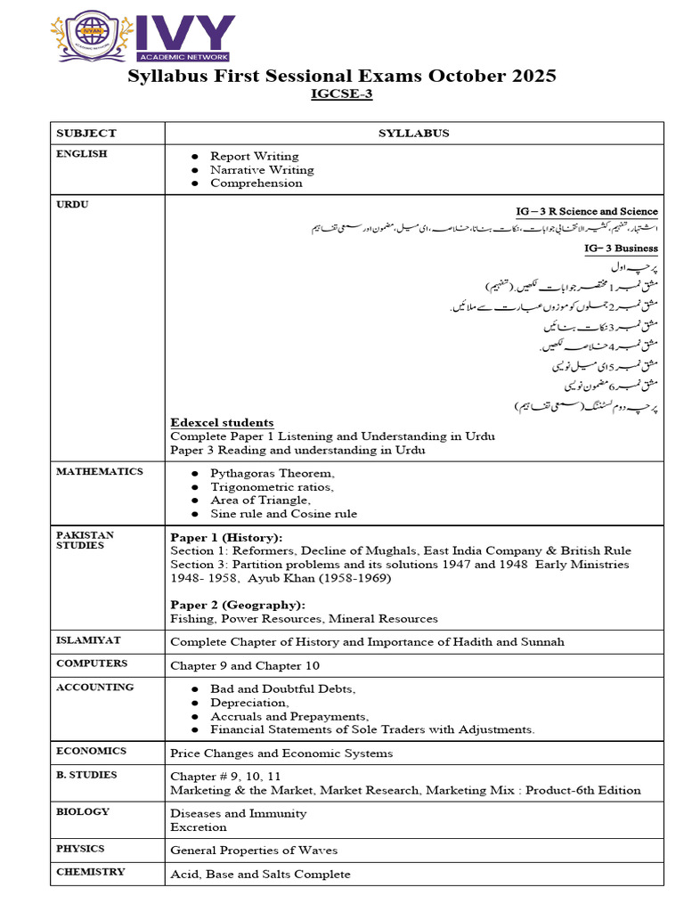 IGCSE-3 October 2025 Exam Syllabus | PDF | Elementary Geometry