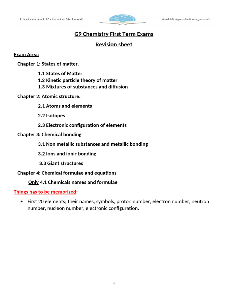 G9 Chem 1st T Exams Revision Sheet | PDF