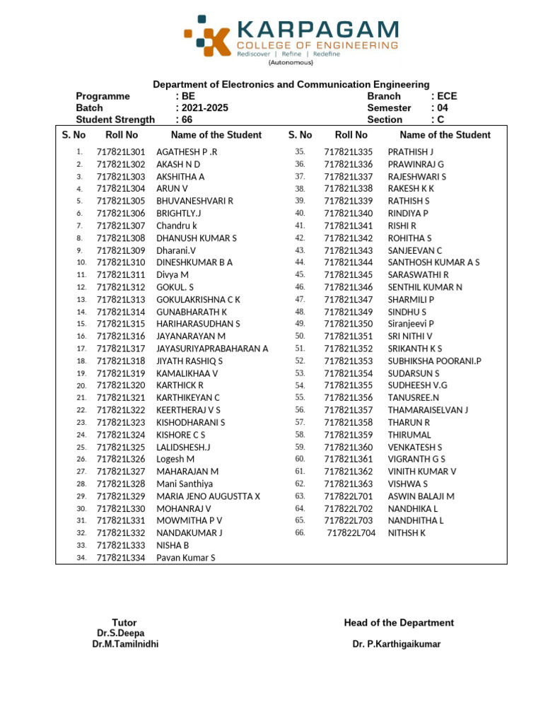 ECE 2021-2025 Batch Student List | PDF | Chess Theory | Chess