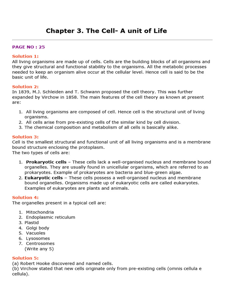 Frank Biology Solutions Class 9 Chapter 3 The Cell A Unit of Life | PDF ...