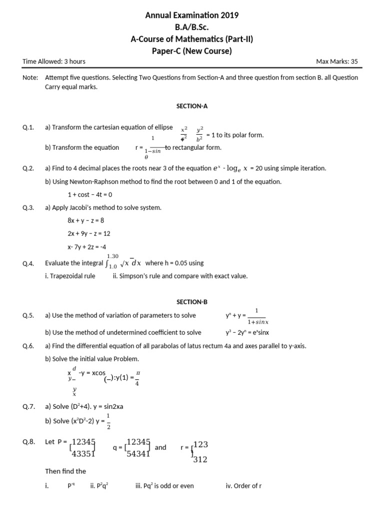 Mathematics Question Paper in Word 2019 | PDF | Equations | Ellipse