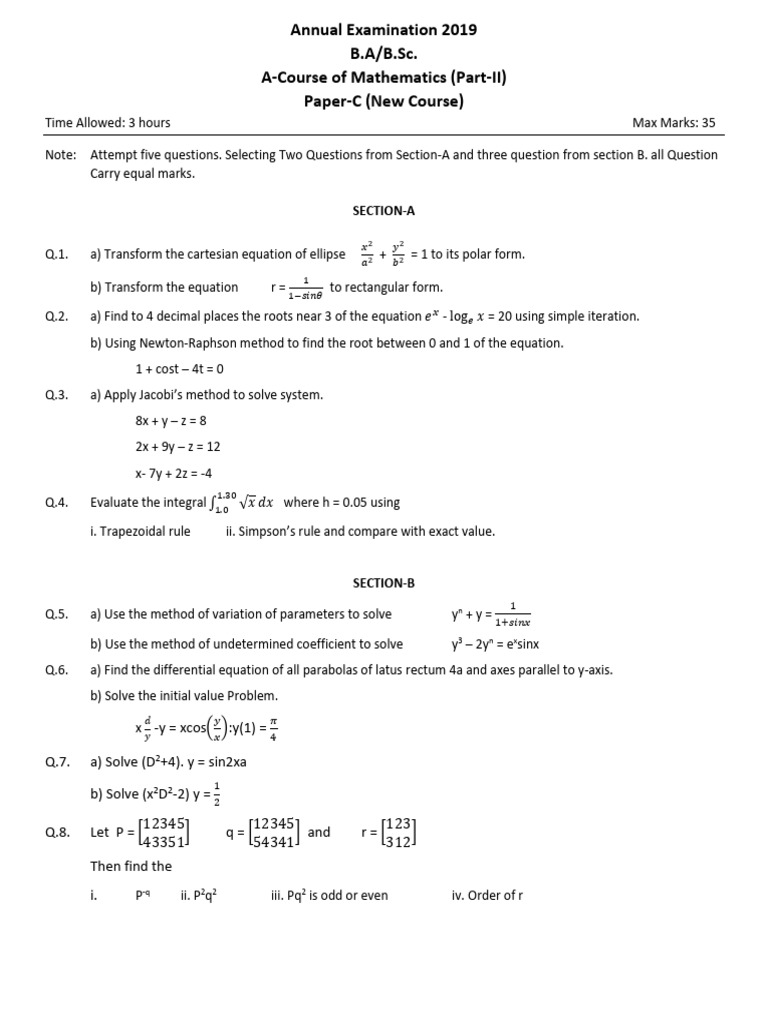 B.A/B.Sc. Mathematics Exam Paper 2019 | PDF | Equations | Ellipse