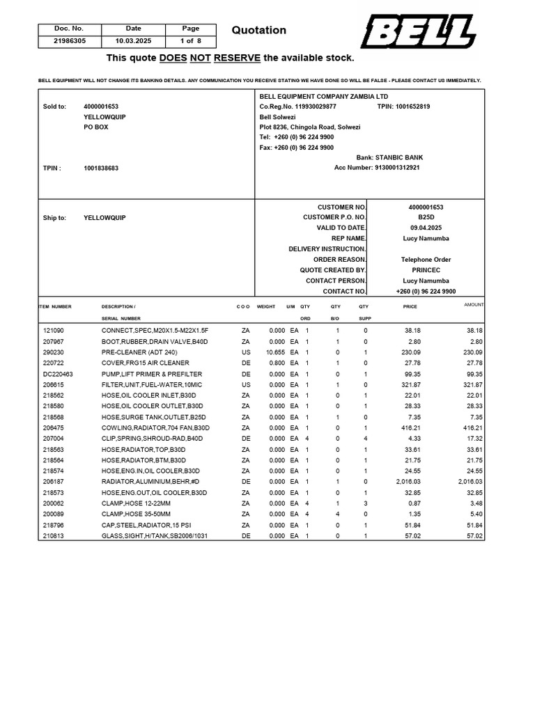 Bell Equipment Quote 21986305 - 11mar25 | PDF | Cheque | Payments
