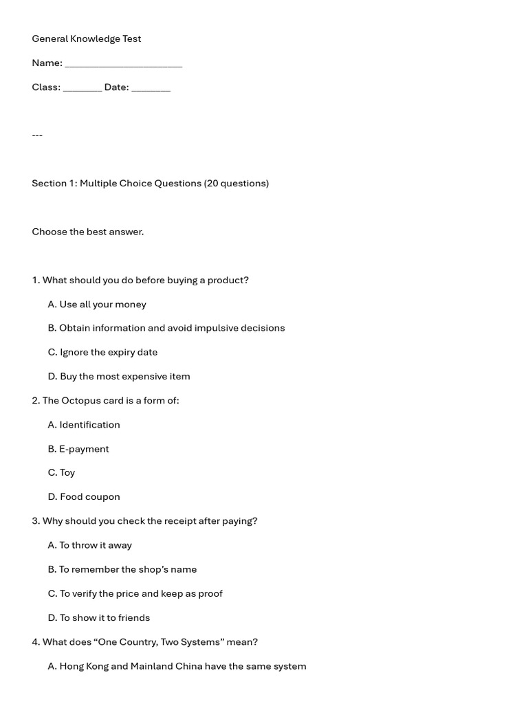 General Knowledge Test on Hong Kong | PDF | Hong Kong | Special ...