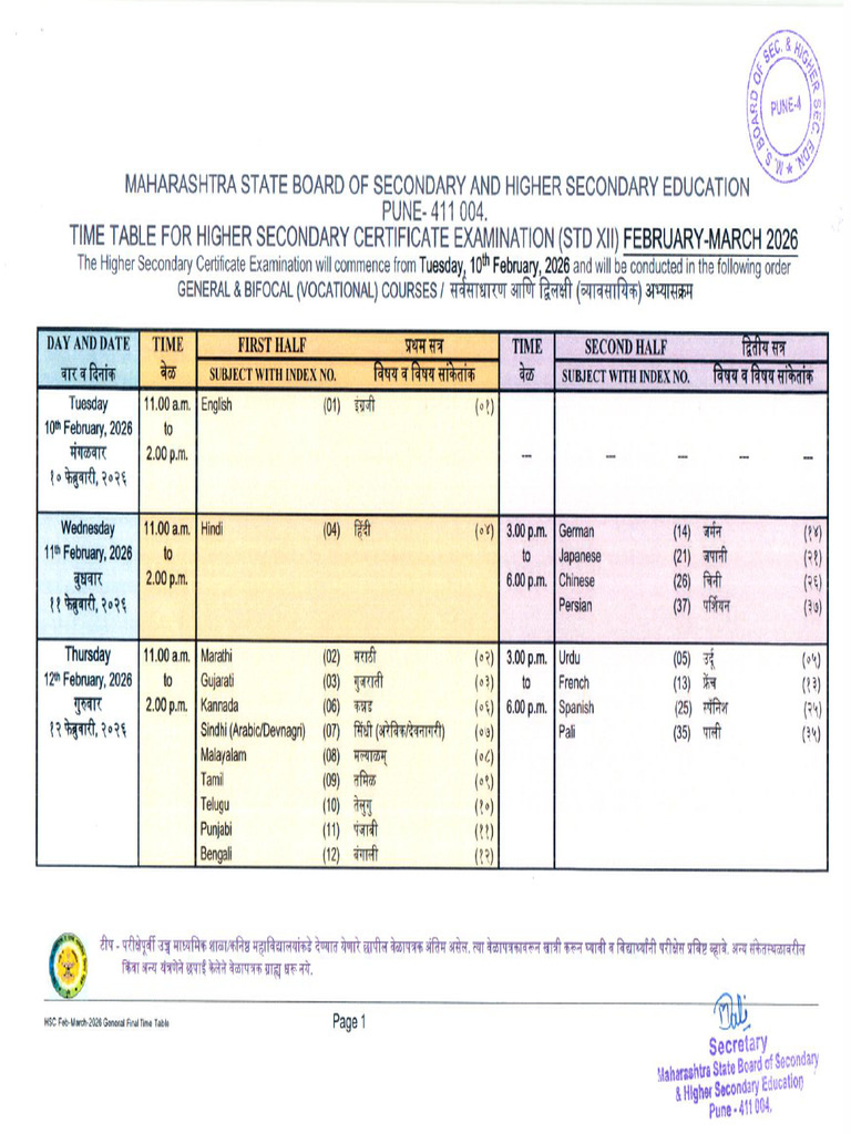 HSC Board Exam Feb 2026 Time Table - 251031 - 193930 | PDF