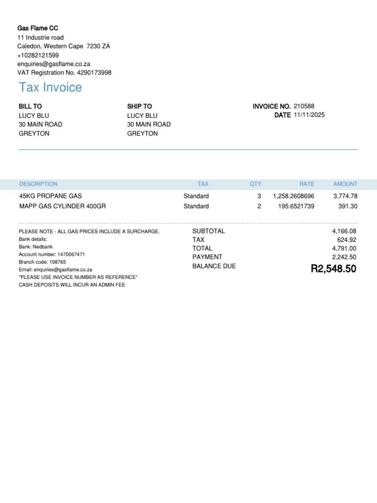Invoice 210588 From Gas Flame CC | PDF