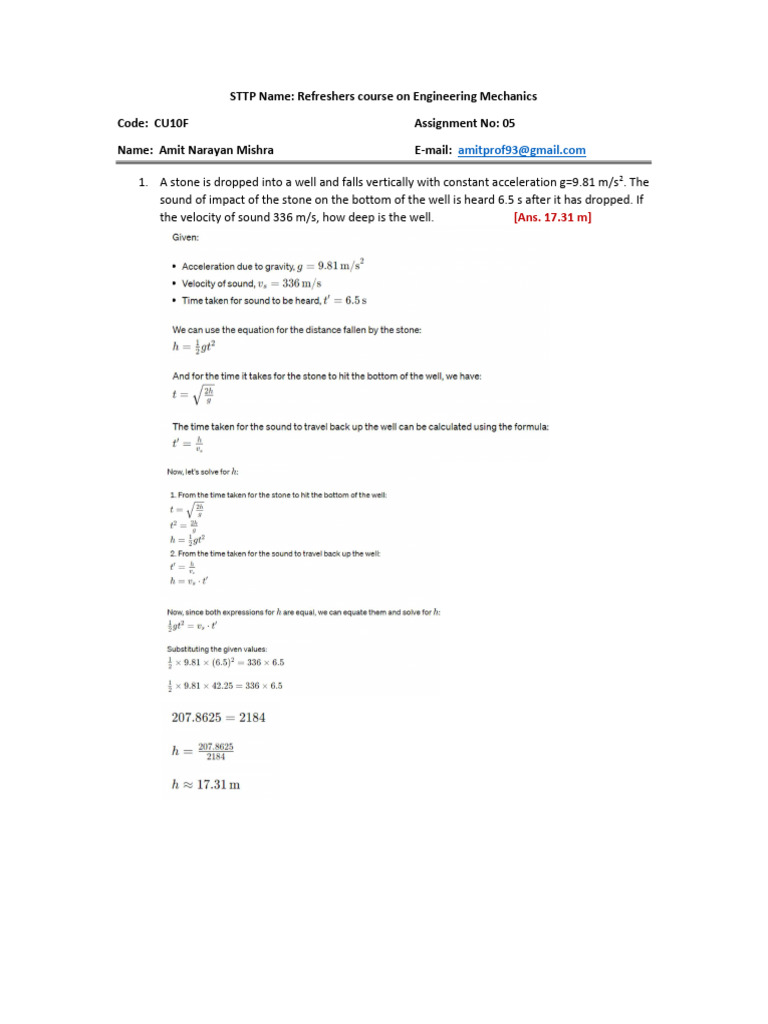 Engineering Mechanics Assignment Solutions | PDF