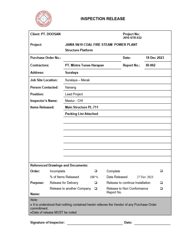 00-Inspection - Release - PL711 - Unit2 | PDF