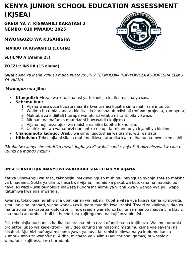 MS-Word-Grade 7 Kiswahili Paper 2 Mid Term 3 Exam 2025 | PDF