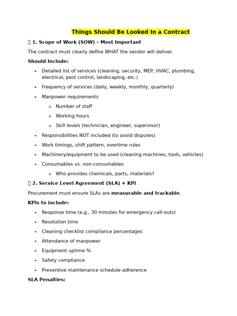 Key Elements of a Contract Checklist | PDF | Indemnity | Service Level ...