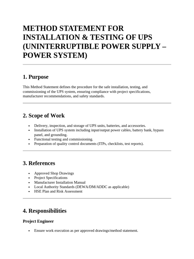 UPS Installation and Testing Method Statement | PDF | Power Supply ...