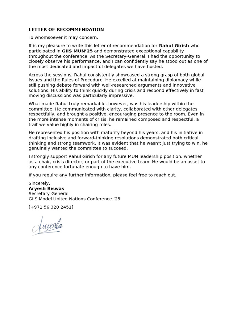 Mun - Letter of Recommendation-Rahul Girish | PDF