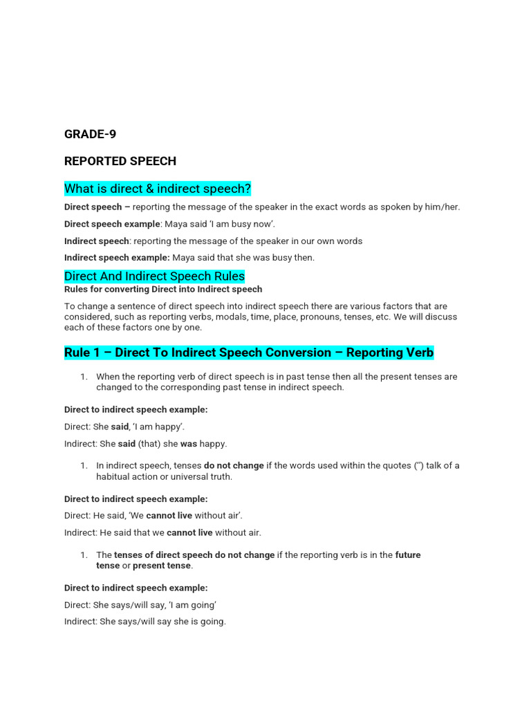 Direct and Indirect Speech Rules Guide | PDF | Grammatical Tense ...