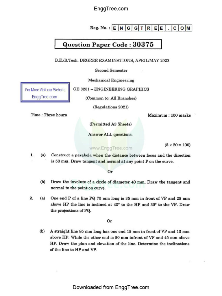 GE3251 Engineering Graphics Apr May 2023 Question Paper 1 Download | PDF