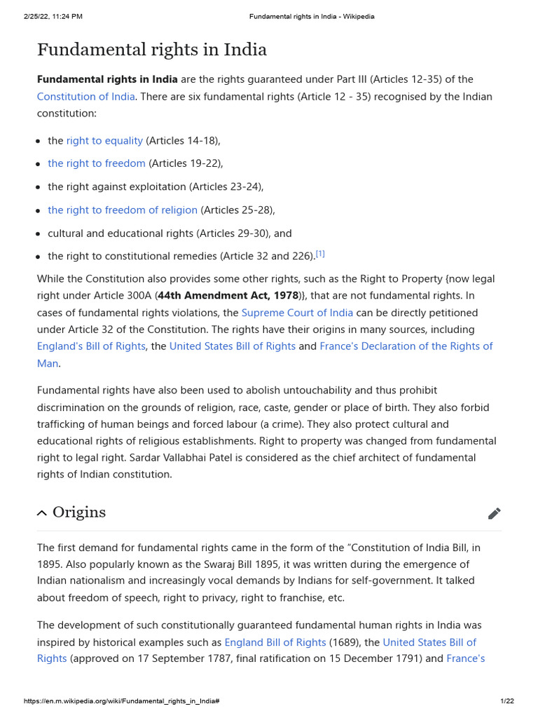 Fundamental Rights in India - Wikipedia | PDF | Public Law | Human Rights