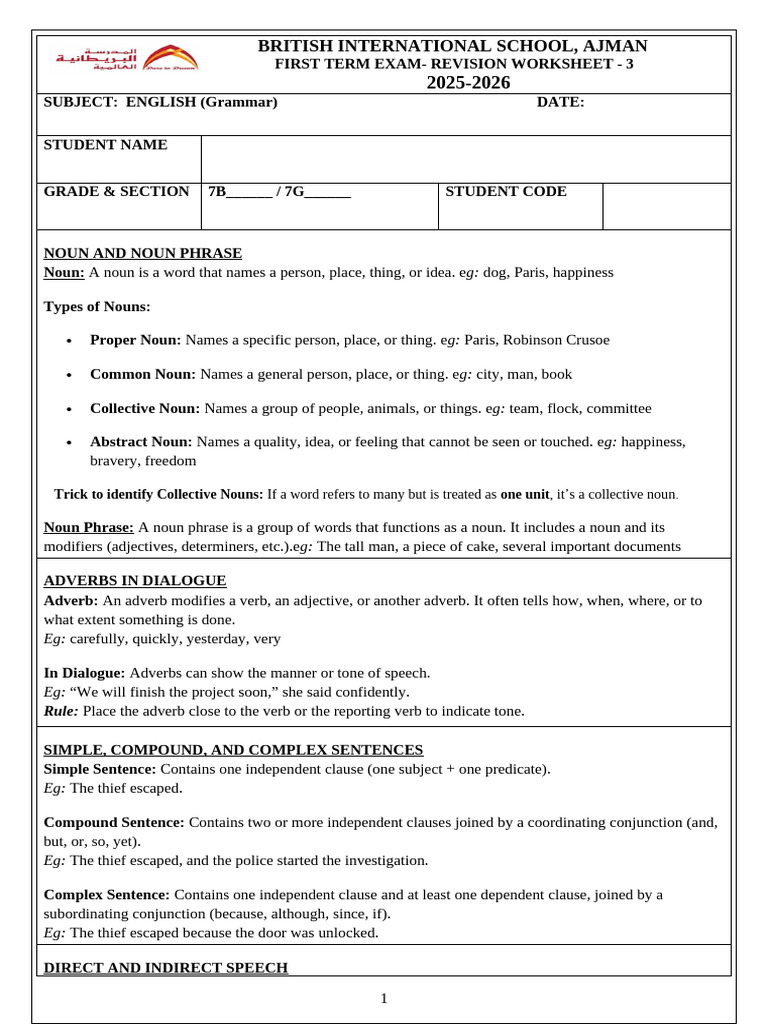English Grammar Revision Worksheet 7B/7G | PDF | Noun | Adverb