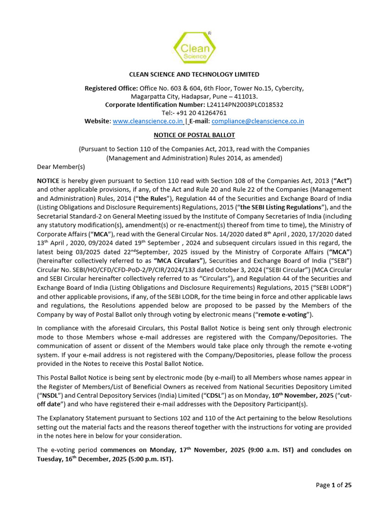 Clean Science Postal Ballot Notice 2025 | PDF | Login | Electronic Voting