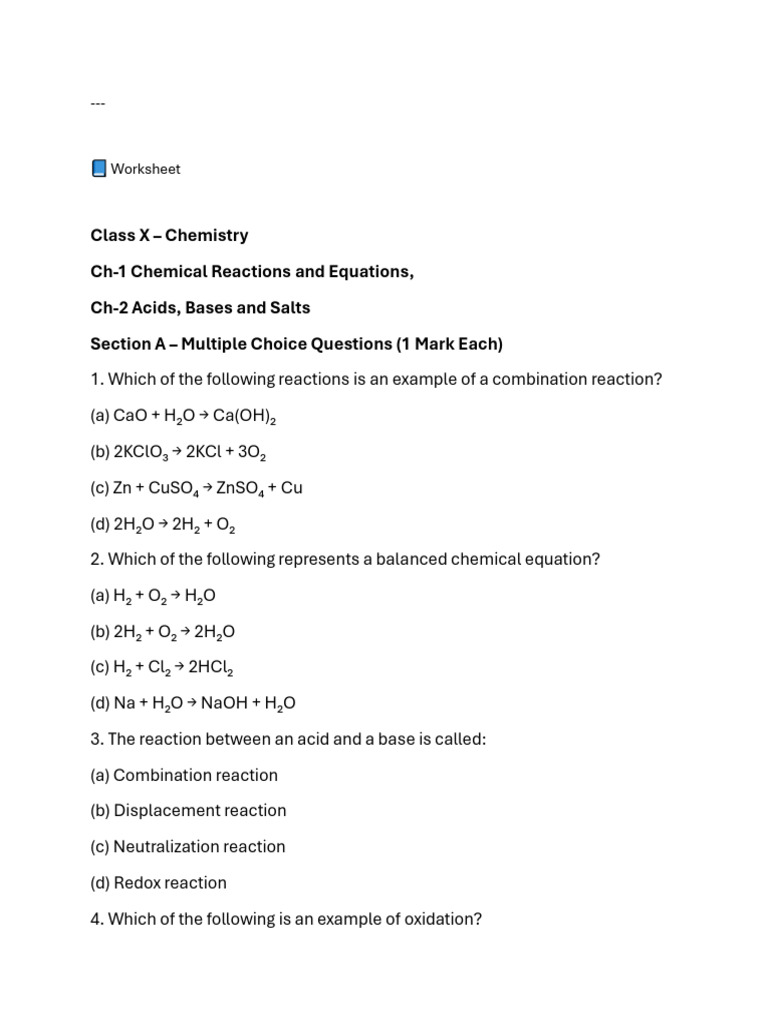 Class X Chemistry MCQs and Answers | PDF | Sodium Carbonate | Acid
