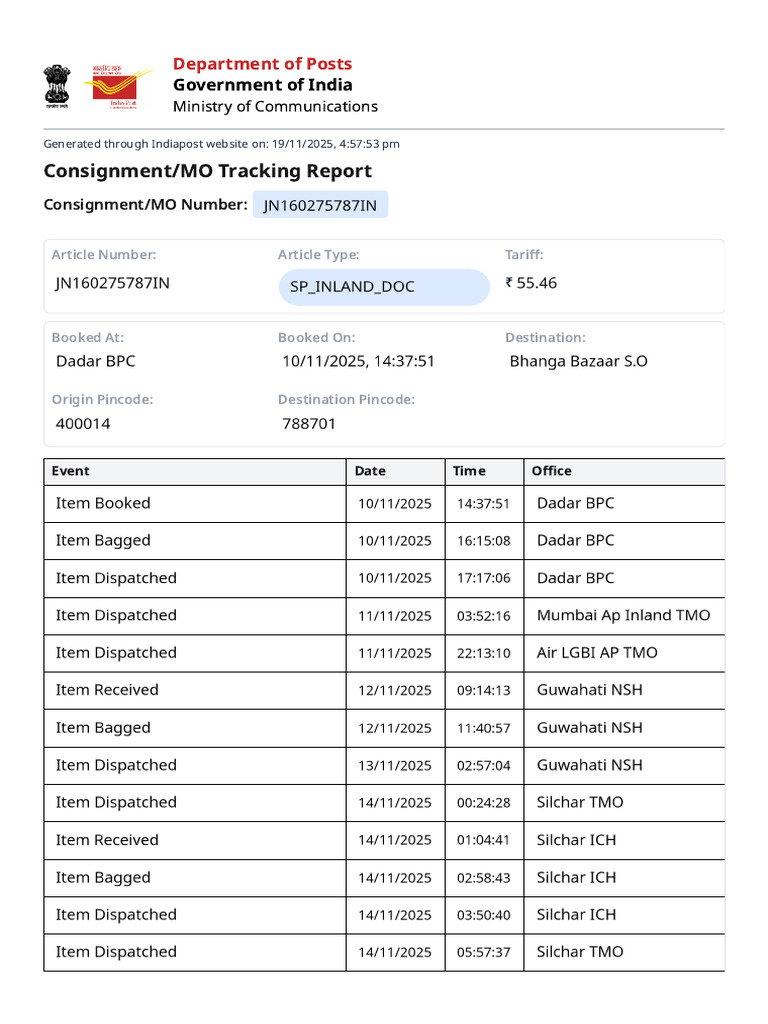 India Post Consignment Tracking Report | PDF