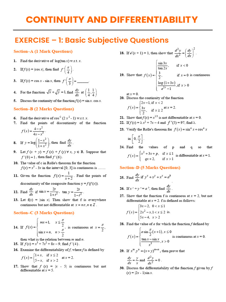 Calculus Exercises on Continuity and Differentiability | PDF | Function ...