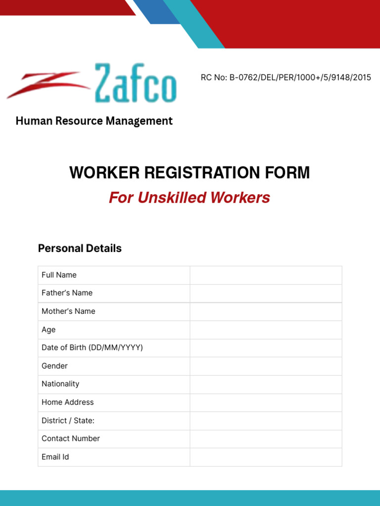 Unskilled Worker Registration Form | PDF