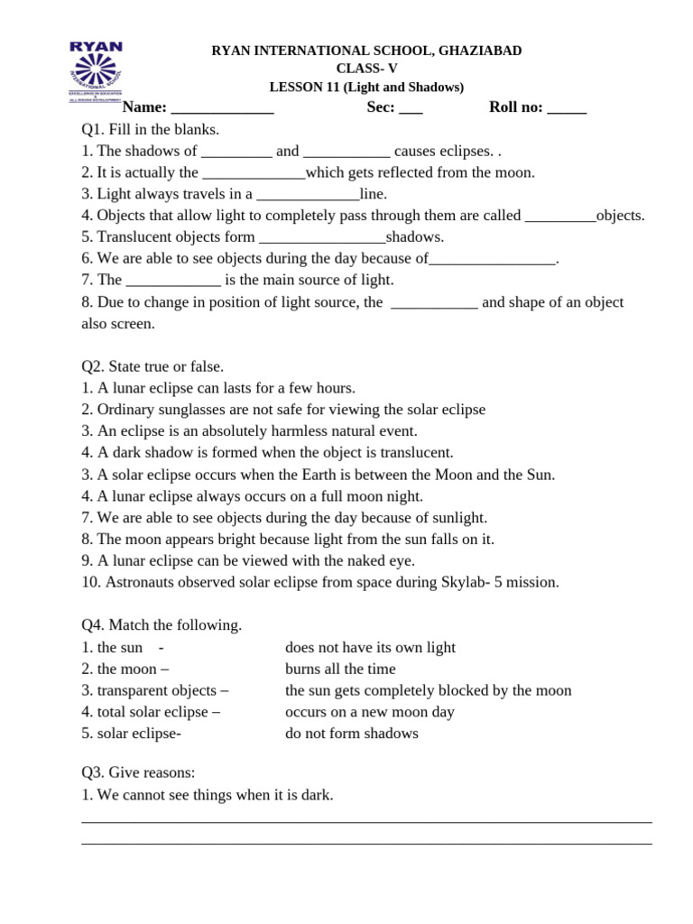 5 SCIENCE Practice Worksheet Light Shadow - Ic1201308 | PDF | Eclipse ...