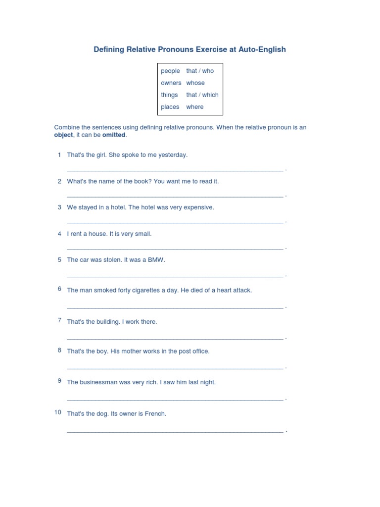 Defining Relative Pronouns Exercise | Pronoun | Rules