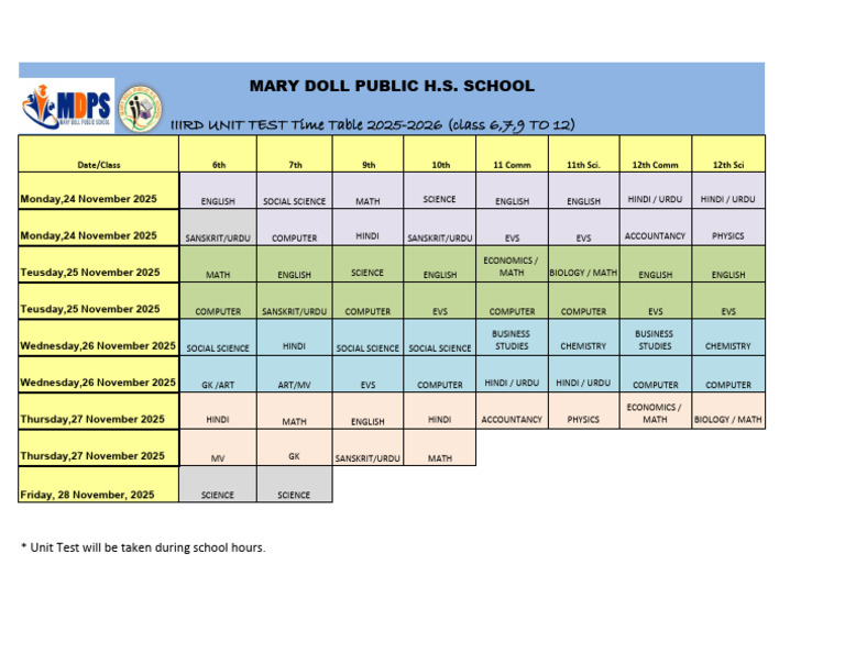 2025-2026 Unit Test Schedule for Classes 6-12 | PDF