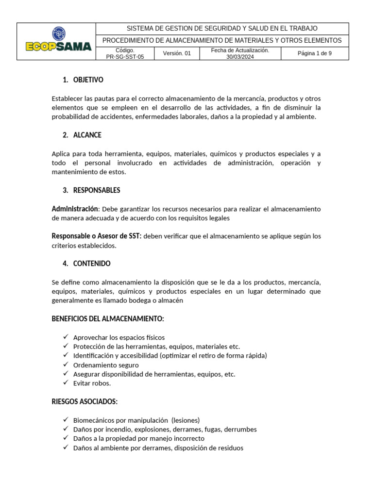 PR-SG-SST-05 Procedimiento de Almacenamiento de Materiales y Otros ...