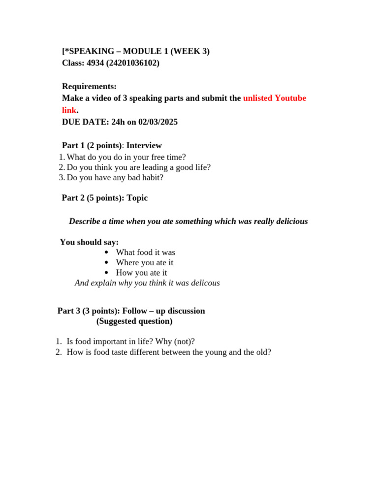 Speaking Module 1: Video Assignment Guide | PDF | Taste | Foods