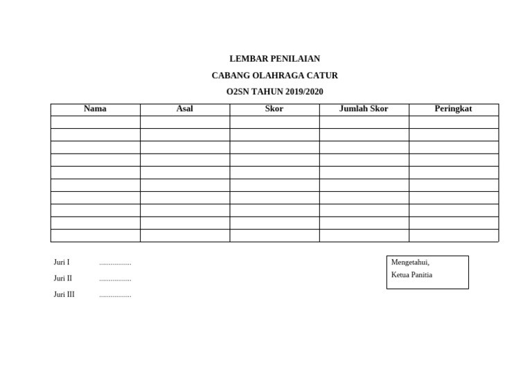 Penilaian Catur O2SN 2019/2020 | PDF