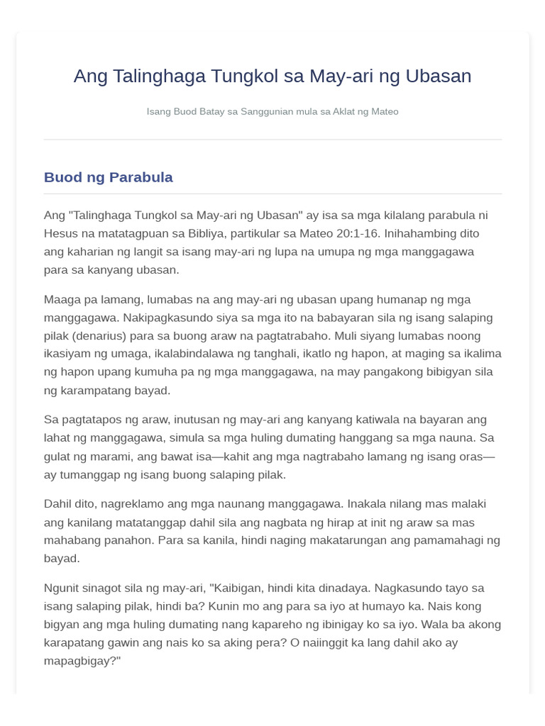 Buod Talinghaga Ubasan | PDF