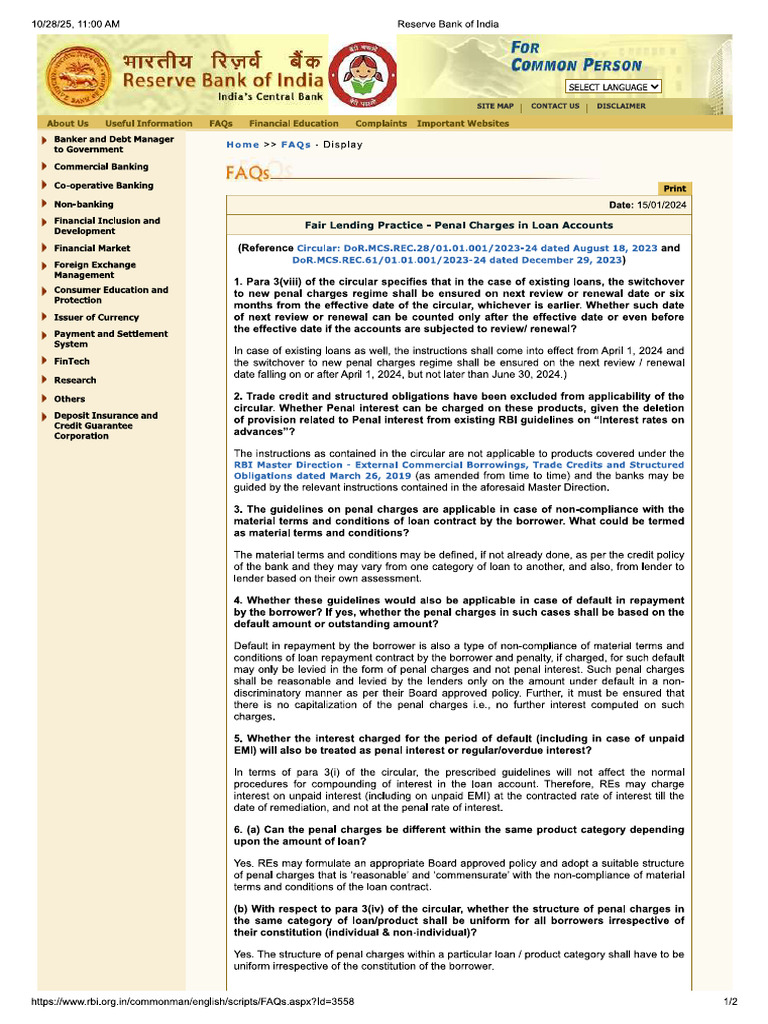 RBI Circular Penal Charges | PDF