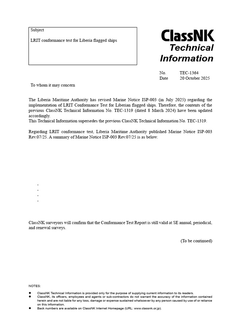LRIT Conformance Test Update for Liberia | PDF | Shipping | Water Transport