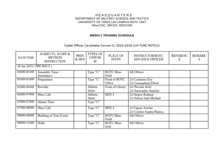 ROTC Weekly Training Schedule 2025-2026 | PDF