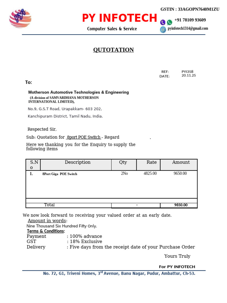 Quotation for 8-Port POE Switch | PDF
