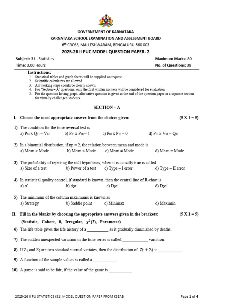 2025-26 II PU Statistics Model Paper | PDF